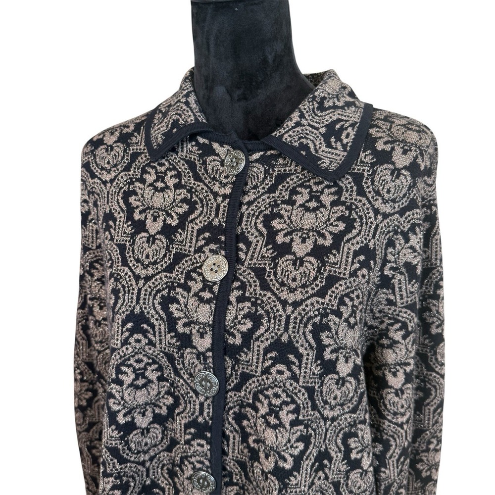 Vtg Chico's Sweater Jacket 3/XL Black Gold Metallic Damask Knit Button Career